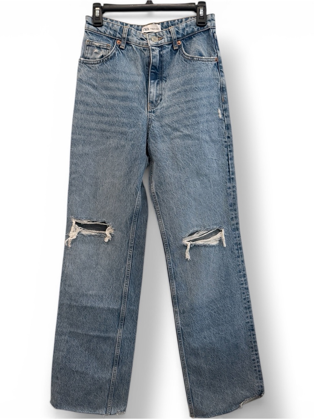 Zara High Rise Distressed Light Blue Straight Jeans